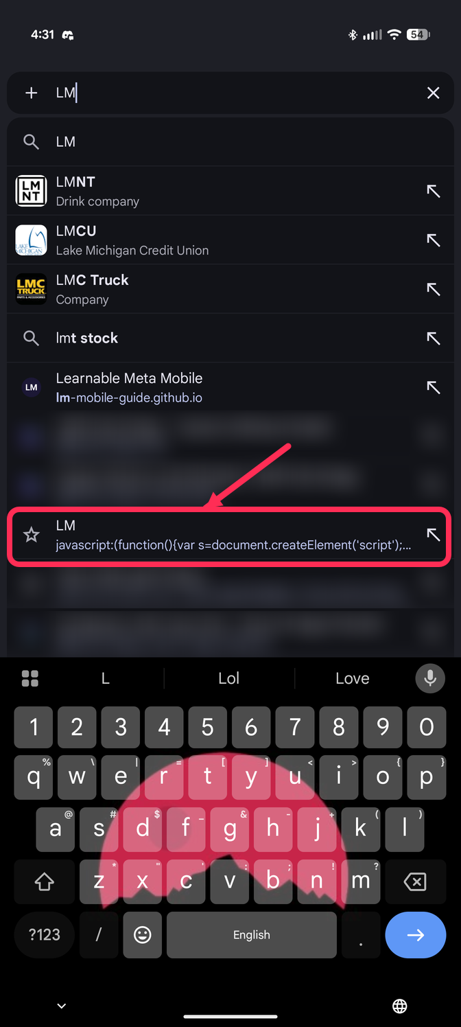 The address bar with LM typed; the LM bookmark with a star is in the list
