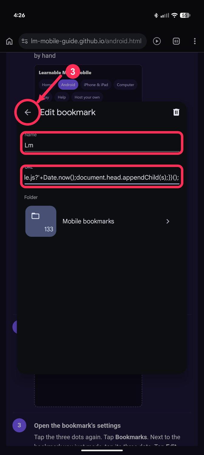 The Edit bookmark screen with the name LM and the pasted javascript address