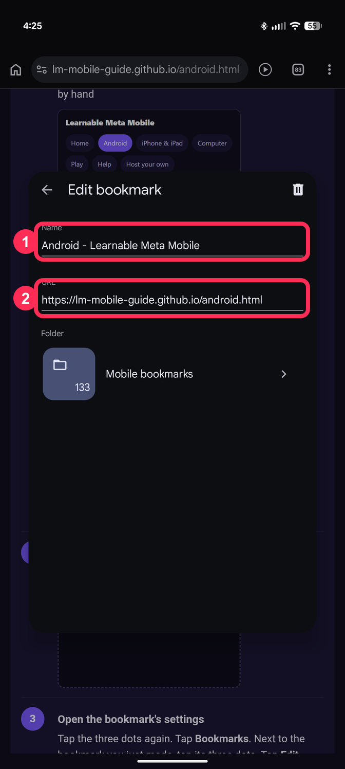 The Edit bookmark screen with the page's name and address
