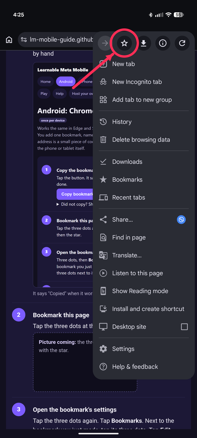 Chrome's three-dot menu; the star is the second icon in the top row