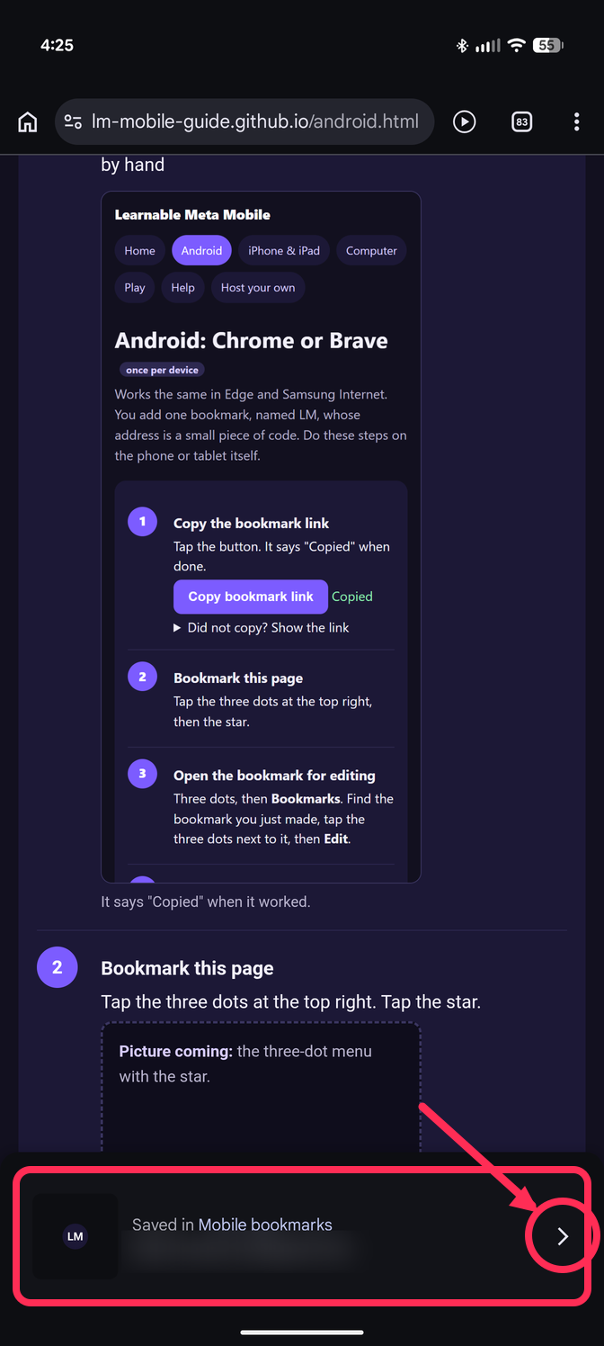 Chrome shows a Saved in Mobile bookmarks bar at the bottom; tap it to open the bookmark