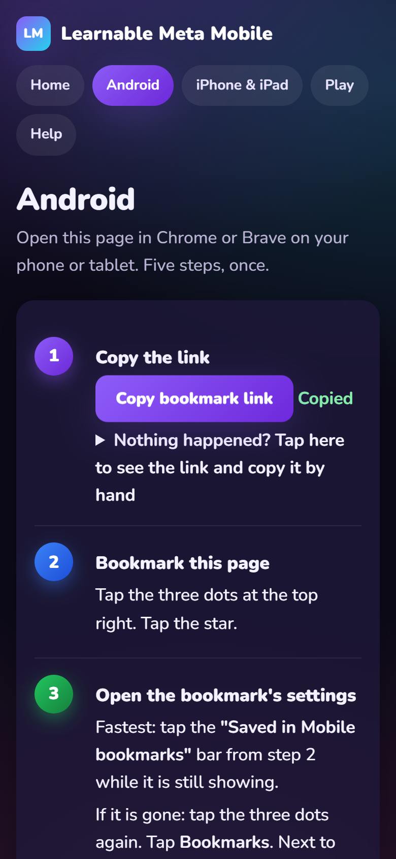 The page after tapping the button. It says Copied.
