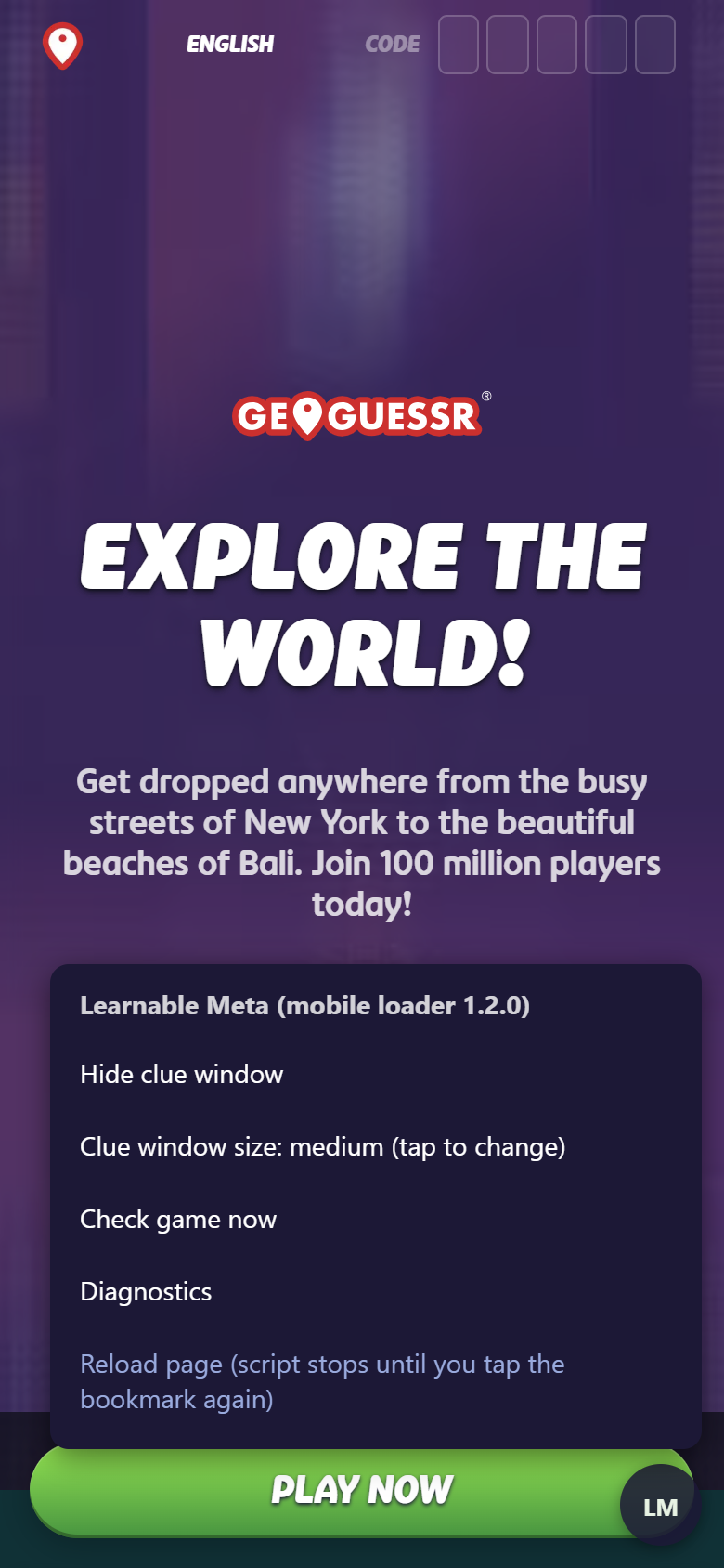 The LM menu: Hide clue window, Clue window size, Check game now, Diagnostics, Reload page