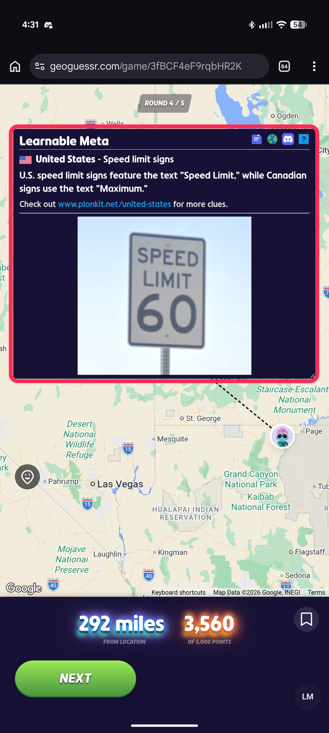 A phone showing the GeoGuessr result screen with the Learnable Meta clue window